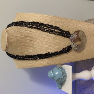 Vintage Natural Gemstone Black Obsidian and Sterling Silver Pendant Necklace